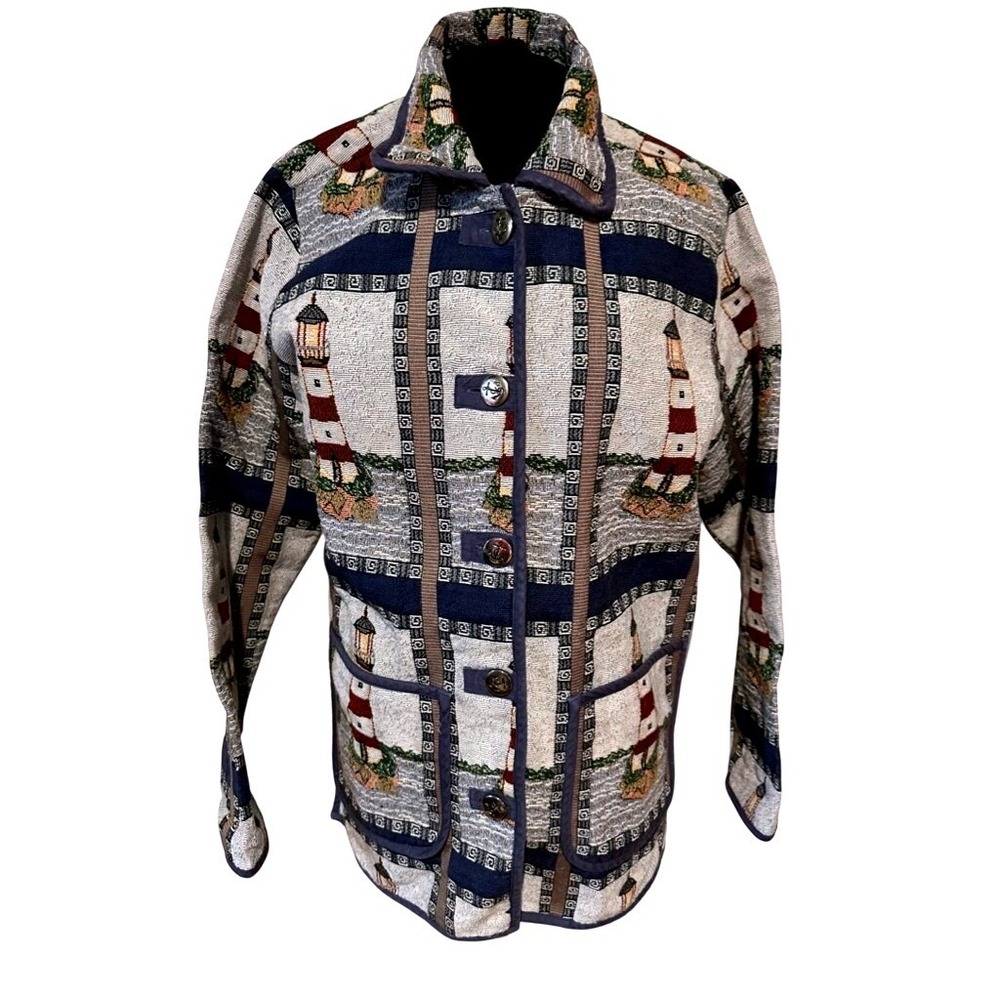 Vintage Blair Lighthouse Tapestry Jacket Nautical Anchor Buttons Cottagecore M
